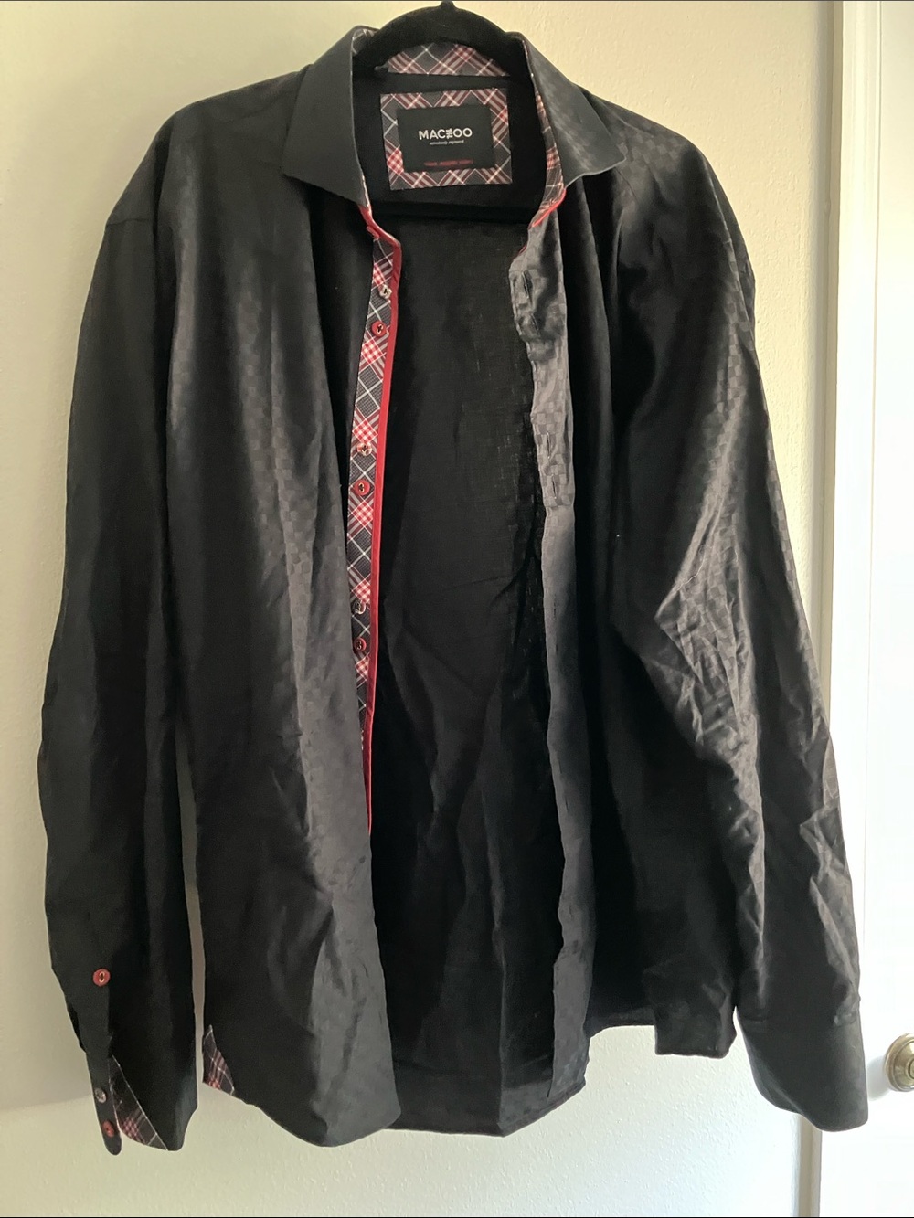 MACEOO Black Button-Up Shirt with Red Plaid Trim 2XL Italian jacquard fabrics